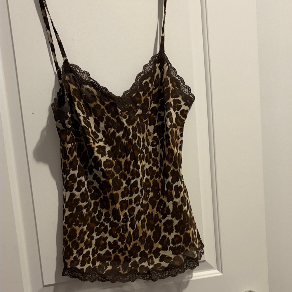 100 percent silk Leopard Print Lace Trim Cami Top  Y2K